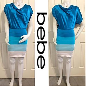 Bebe, Sky Blue, Short Sleeve, Round Draped Neckline, Body Hugging Short Dress, M